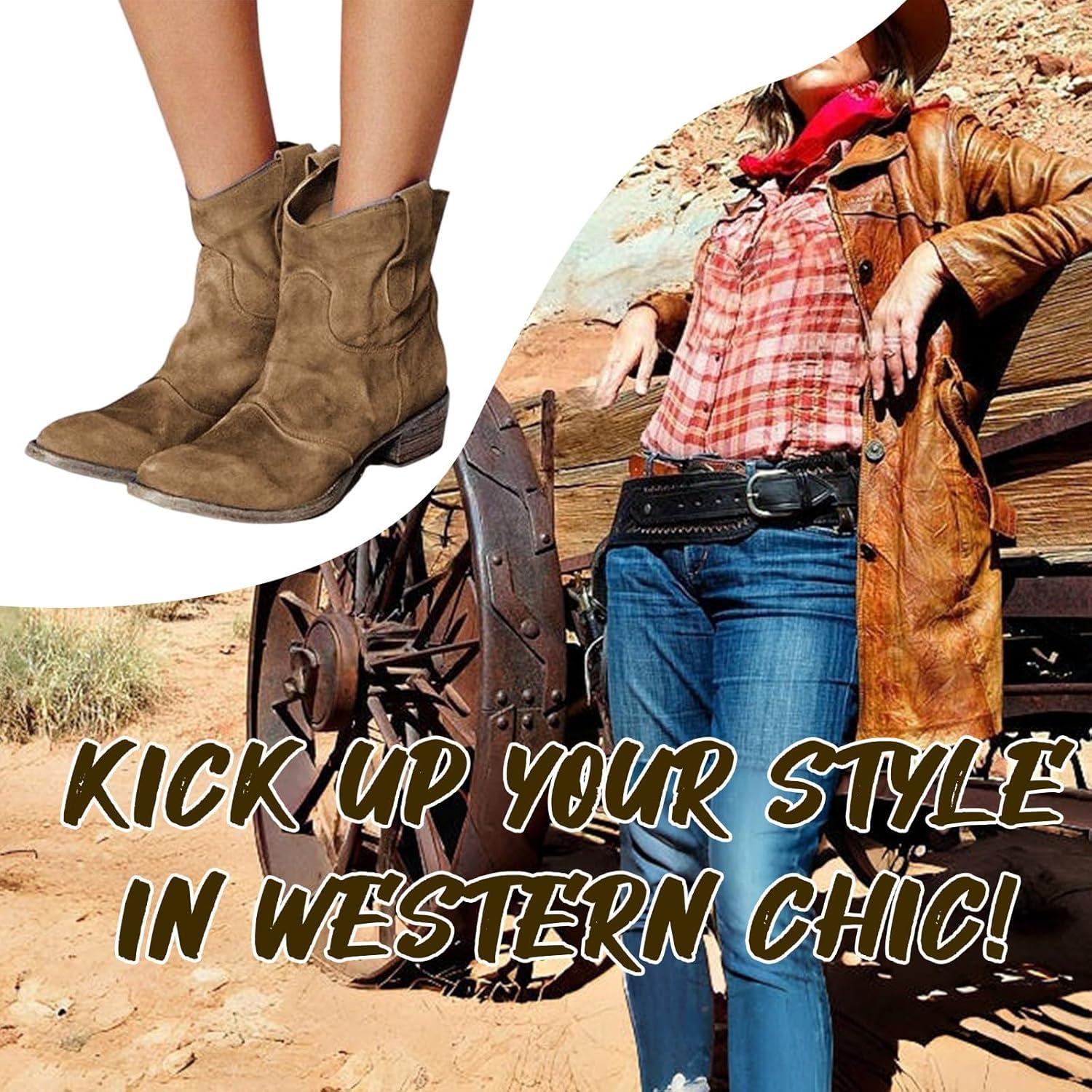 image:imageENEN Santiag Femme Cuir Western Taille 3448 Santiag Femme Gros Mollet Bottes Cowboy Talon Haut avec Fermeture clair Bottes Western Country pour TrekkingKaki