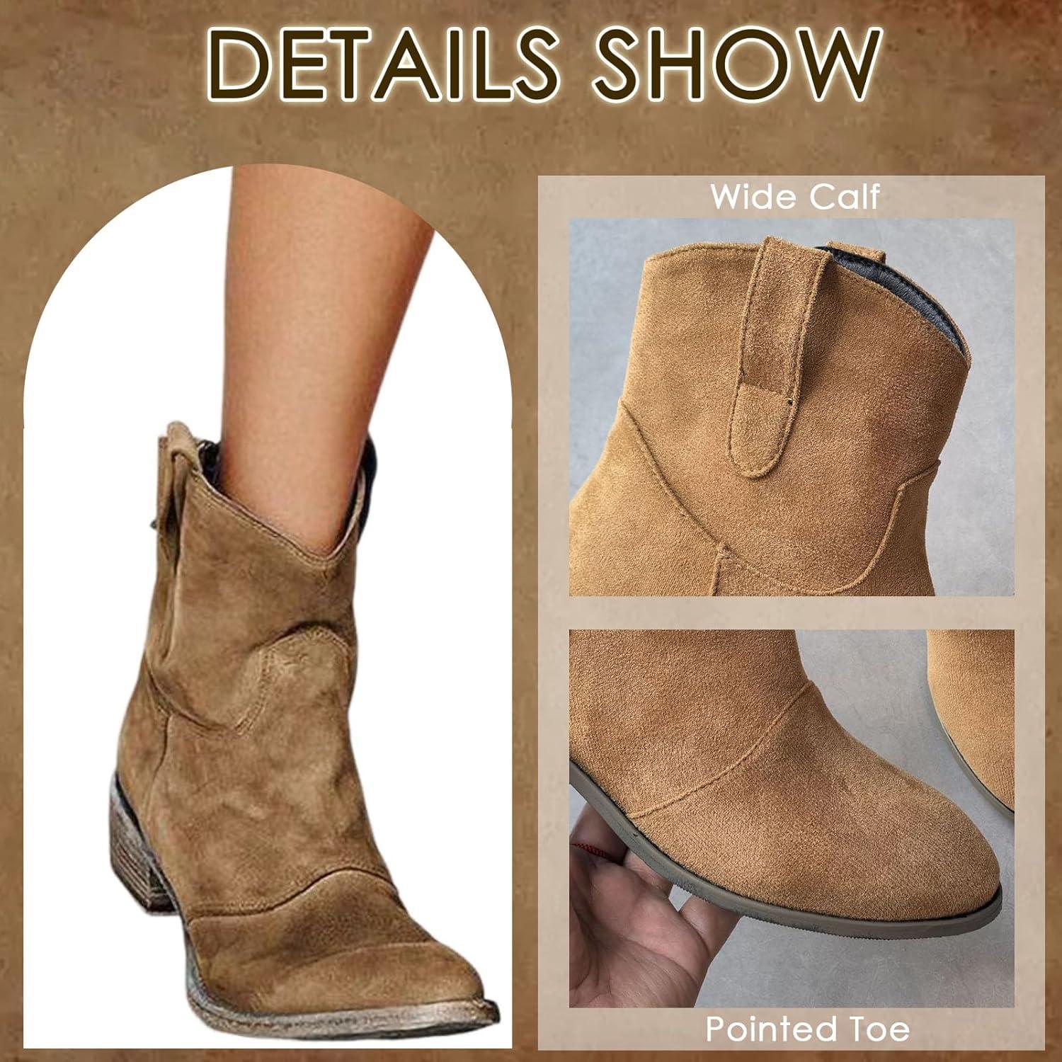 image:imageENEN Santiag Femme Cuir Western Taille 3448 Santiag Femme Gros Mollet Bottes Cowboy Talon Haut avec Fermeture clair Bottes Western Country pour TrekkingKaki