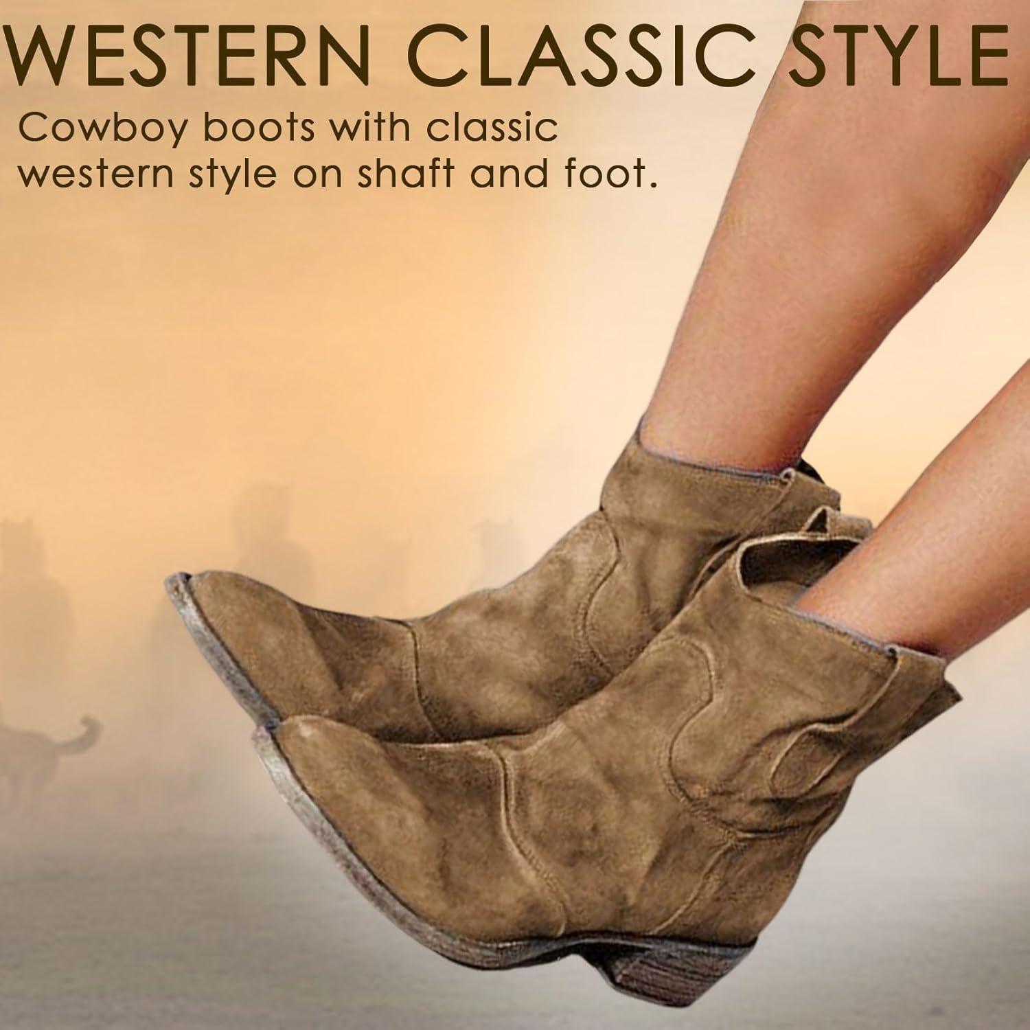 image:imageENEN Santiag Femme Cuir Western Taille 3448 Santiag Femme Gros Mollet Bottes Cowboy Talon Haut avec Fermeture clair Bottes Western Country pour TrekkingKaki