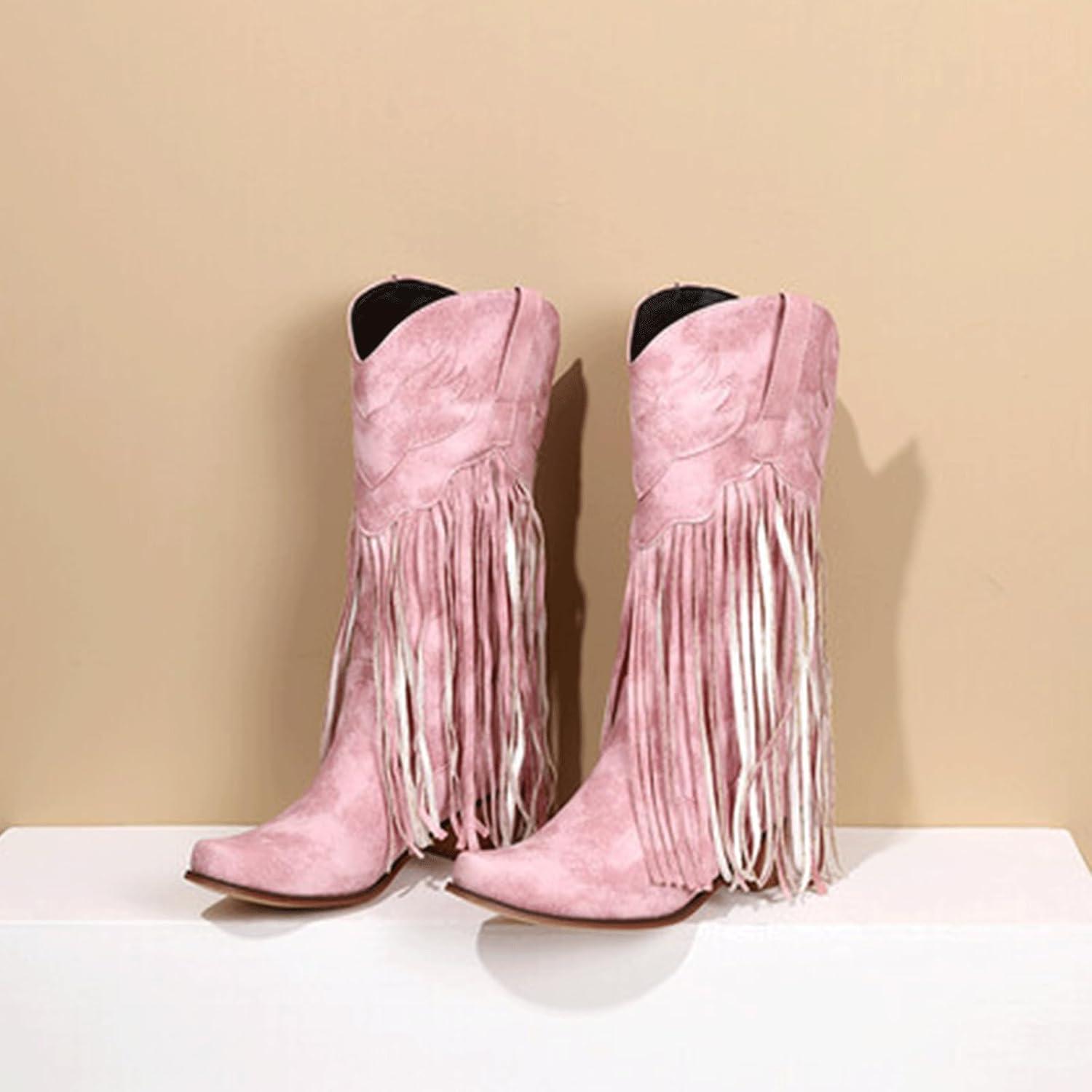 image:imageFGRID Bottes de CowGirl Franges pour Femmes Bottes Western Mollet Large en Cuir sud Vintage Bottes de Cowboy Hautes au Genou Talons pais et Pompons pour lhiverRose35