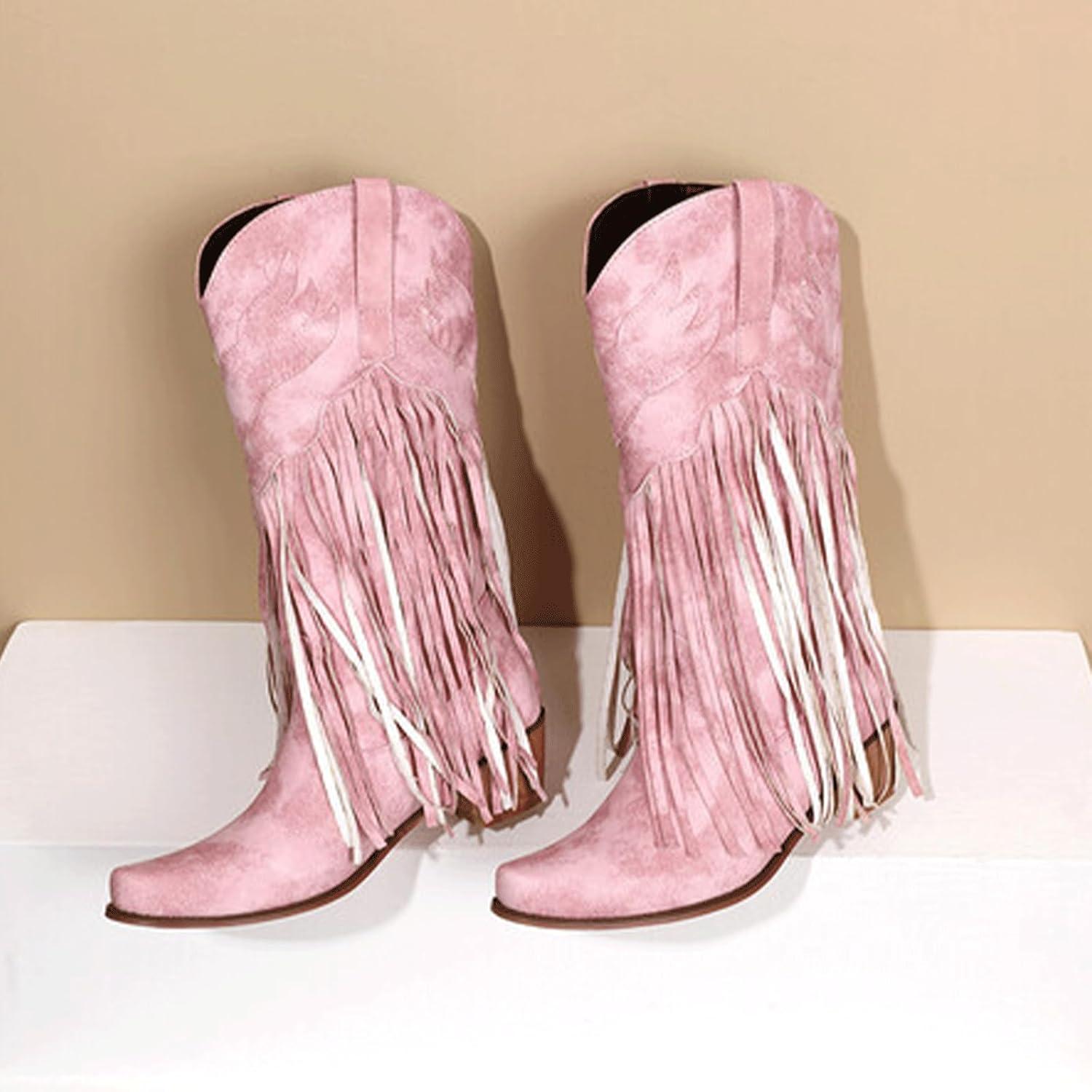 image:imageFGRID Bottes de CowGirl Franges pour Femmes Bottes Western Mollet Large en Cuir sud Vintage Bottes de Cowboy Hautes au Genou Talons pais et Pompons pour lhiverRose35