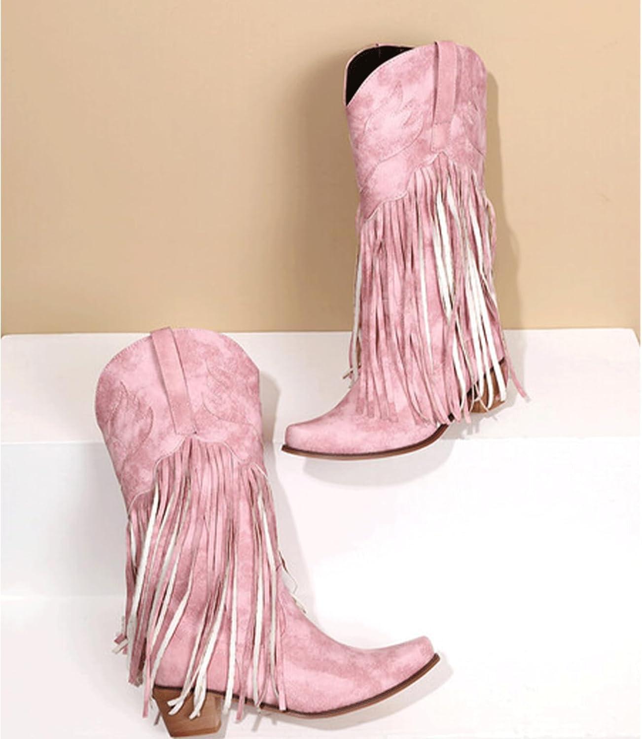 image:imageFGRID Bottes de CowGirl Franges pour Femmes Bottes Western Mollet Large en Cuir sud Vintage Bottes de Cowboy Hautes au Genou Talons pais et Pompons pour lhiverRose35