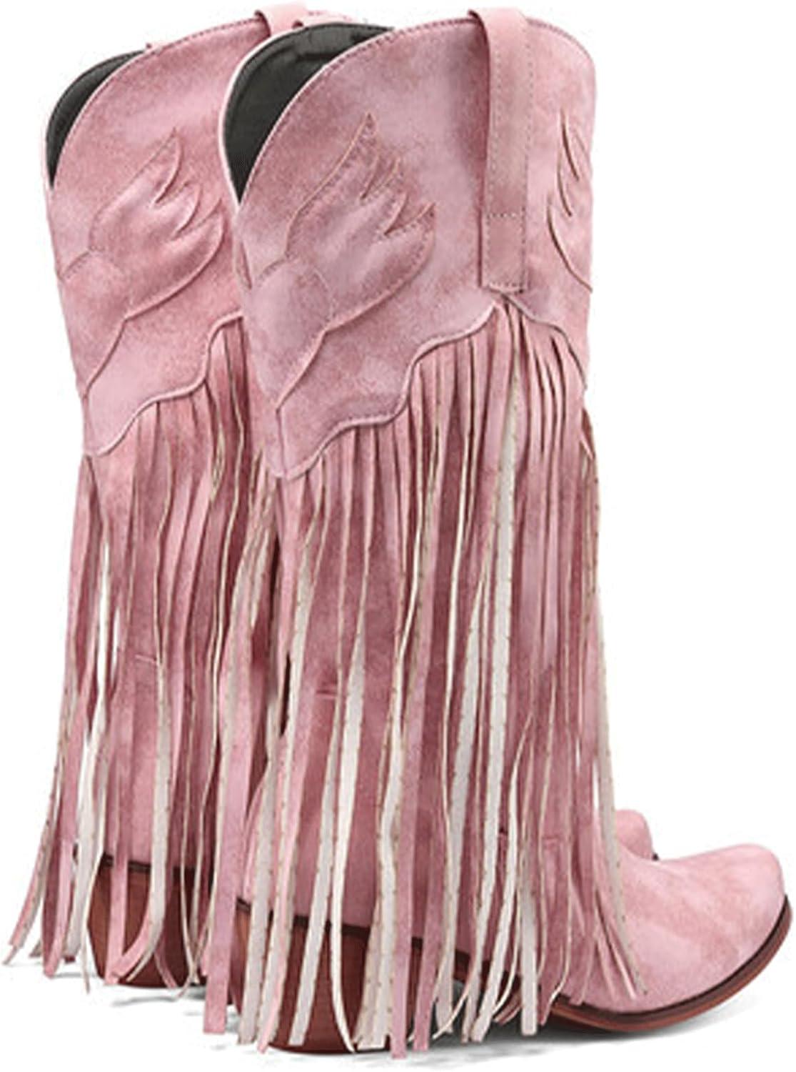 image:imageFGRID Bottes de CowGirl Franges pour Femmes Bottes Western Mollet Large en Cuir sud Vintage Bottes de Cowboy Hautes au Genou Talons pais et Pompons pour lhiverRose35