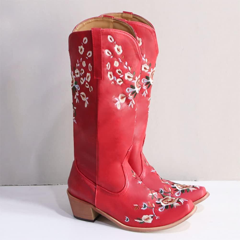 image:imageFemale Cow Boy Bottes Chevalier Chaussures Bottes Hautes Brodes Bottes De Brodes Vintage Bottines Talons pais Talons Bas Mode ElegantRouge