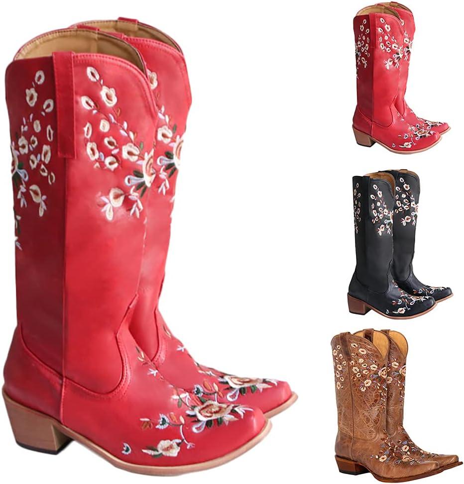 image:imageFemale Cow Boy Bottes Chevalier Chaussures Bottes Hautes Brodes Bottes De Brodes Vintage Bottines Talons pais Talons Bas Mode ElegantRouge