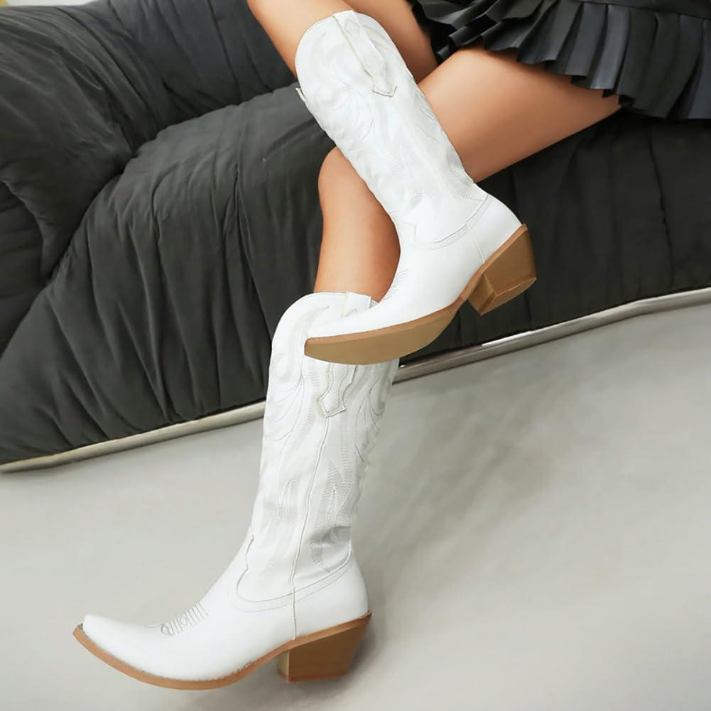 image:imageFemmes Bottes De Cowboy Western Bout Carr Talon Moyen Bottes MiMollet LargesWhite Blanc