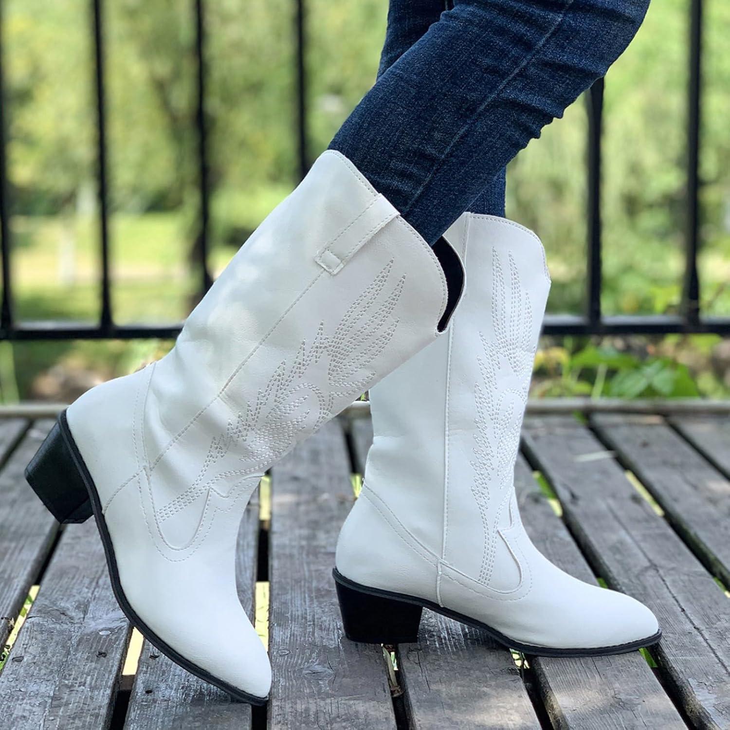image:imageGenerisch Bottes de cowboy en cuir pour femme Bottes western brodes mimollets Chaussures de cowgirl de haute qualit pour femme avec forme de chaussure normale Bottes la mode miveau BottesBlanc
