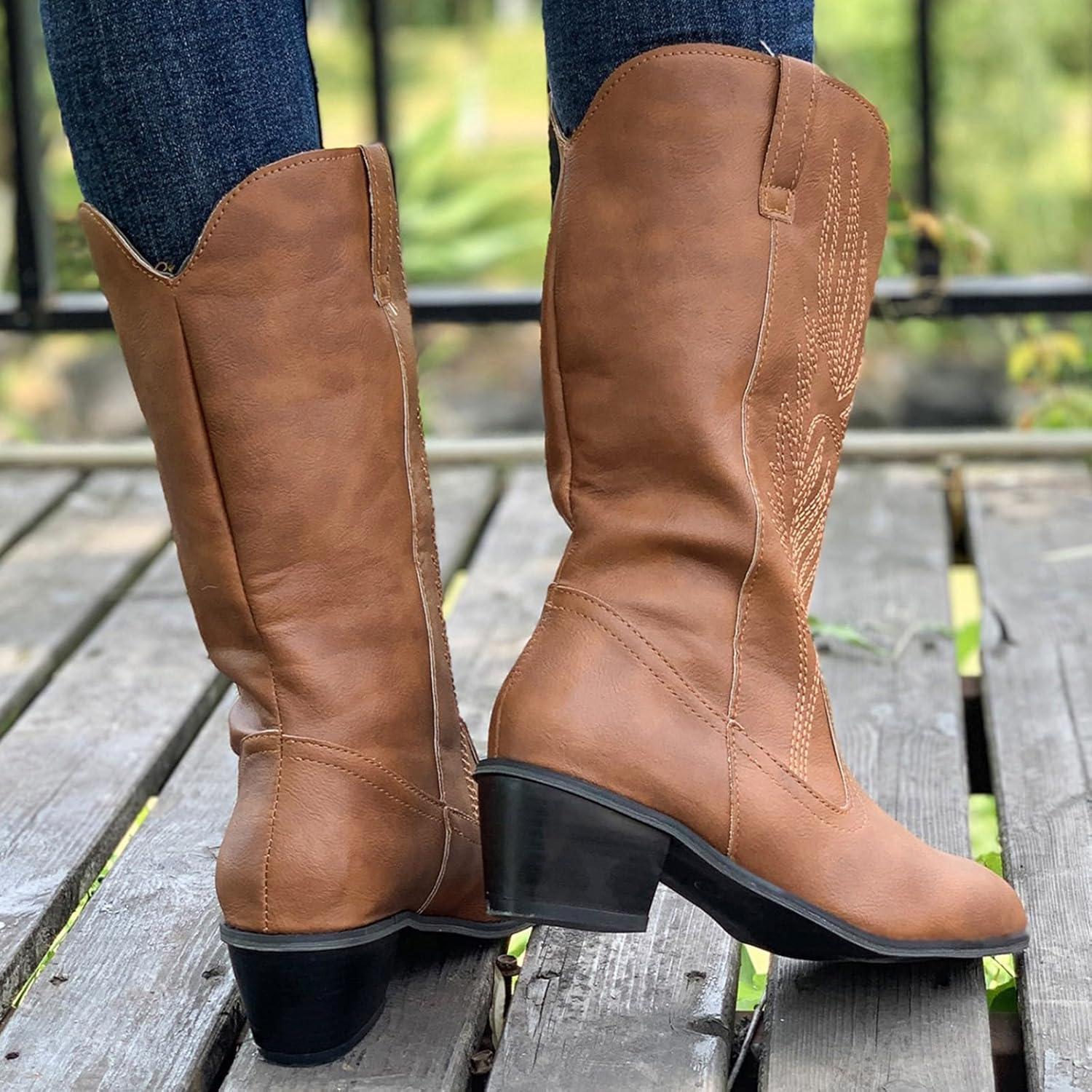 image:imageGenerisch Bottes de cowboy en cuir pour femme Bottes western brodes mimollets Chaussures de cowgirl de haute qualit pour femme avec forme de chaussure normale Bottes la mode miveau BottesMarron