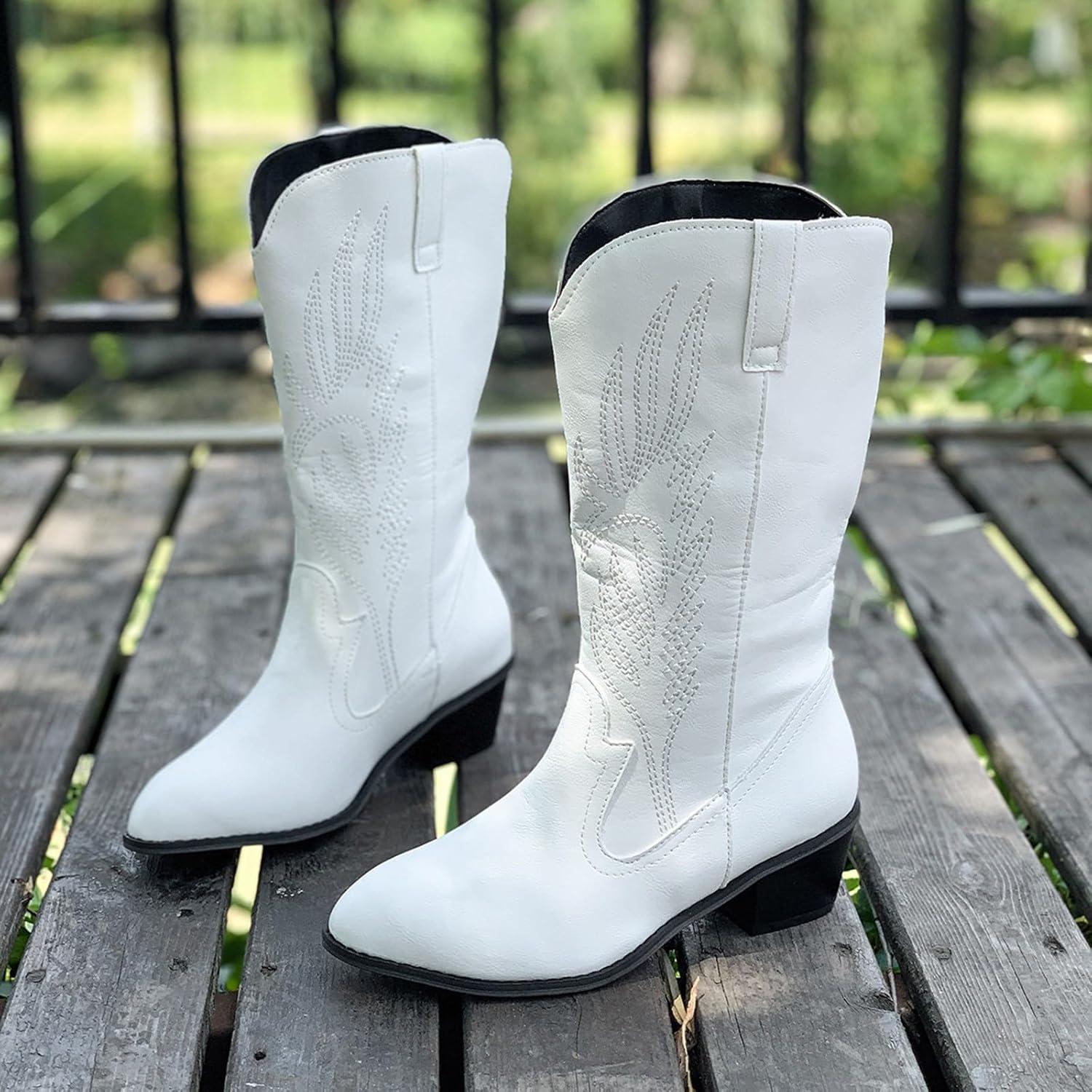 image:imageGenerisch Bottes de cowboy en cuir pour femme Bottes western brodes mimollets Chaussures de cowgirl de haute qualit pour femme avec forme de chaussure normale Bottes la mode miveau BottesBlanc