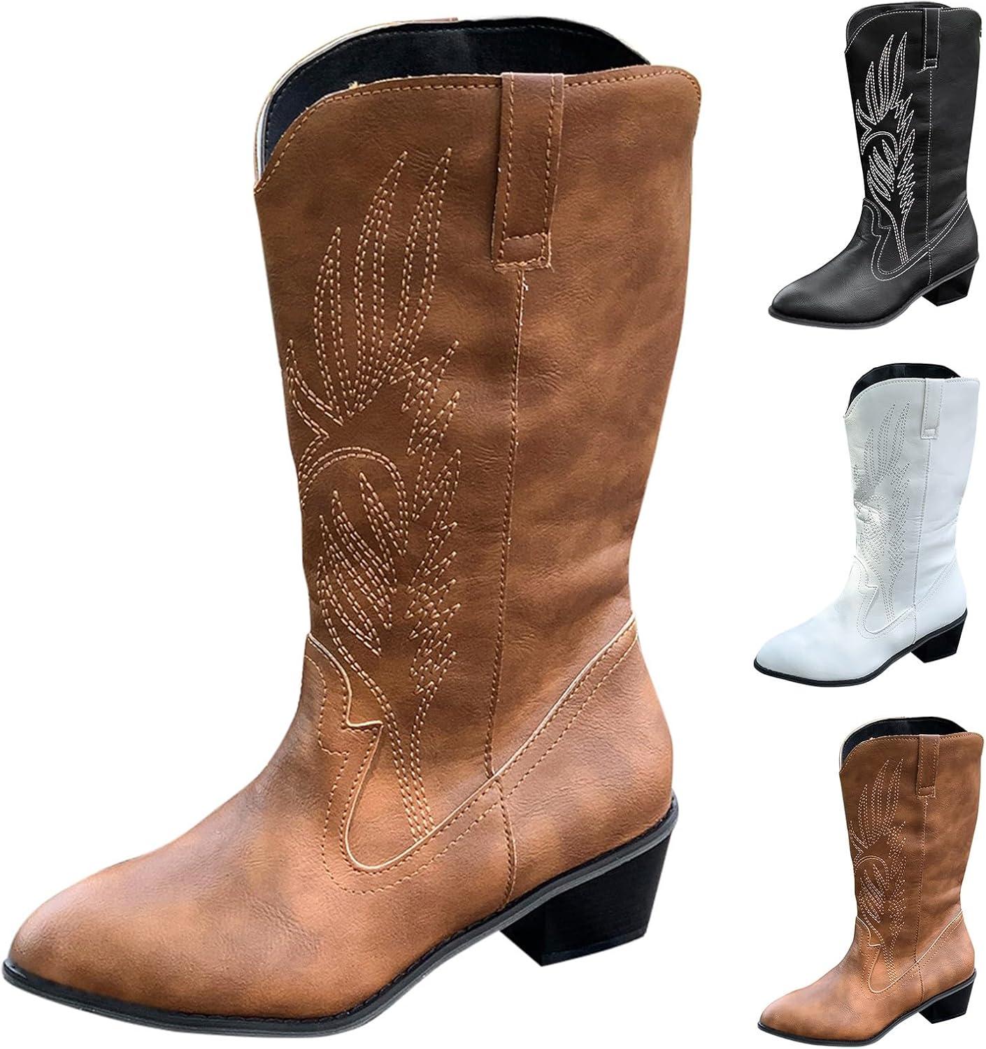 image:imageGenerisch Bottes de cowboy en cuir pour femme Bottes western brodes mimollets Chaussures de cowgirl de haute qualit pour femme avec forme de chaussure normale Bottes la mode miveau BottesMarron