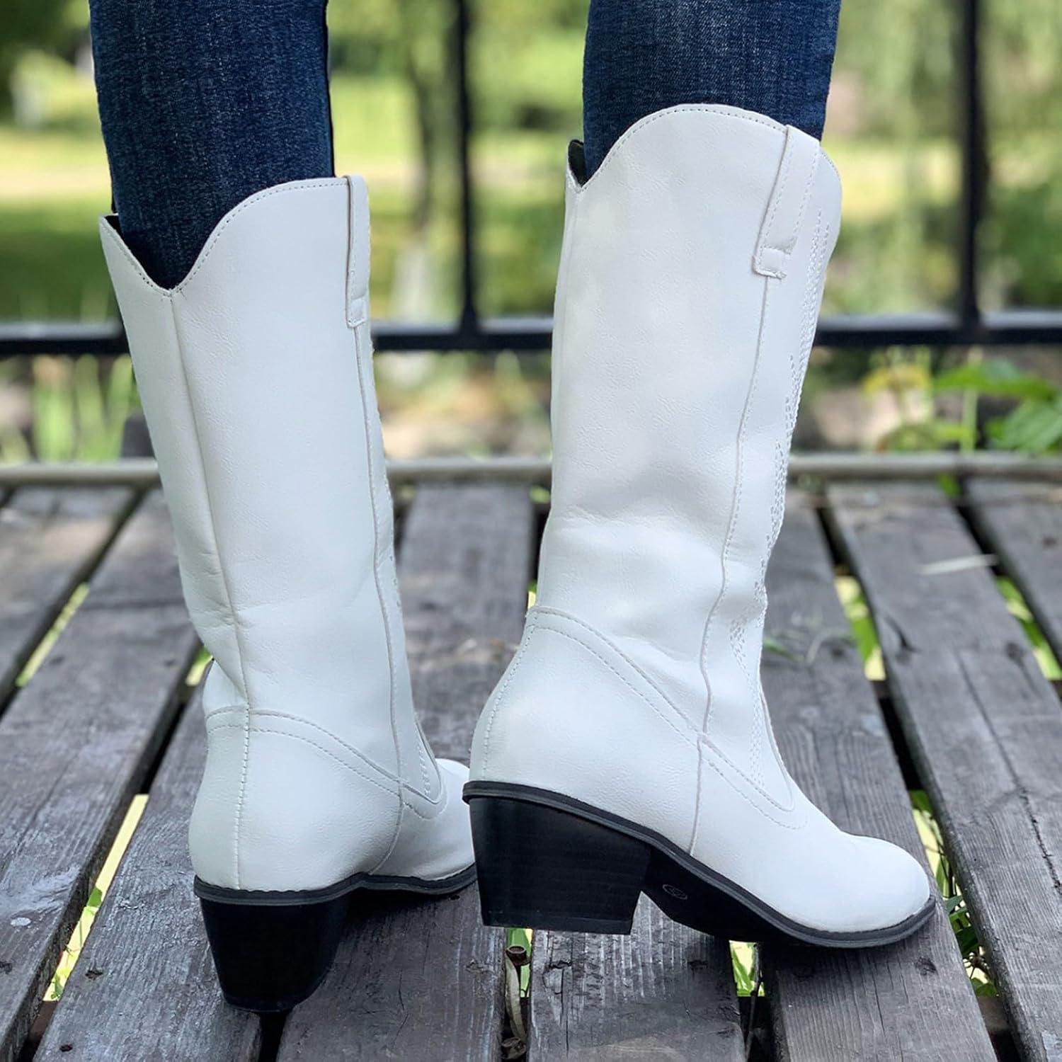 image:imageGenerisch Bottes de cowboy en cuir pour femme Bottes western brodes mimollets Chaussures de cowgirl de haute qualit pour femme avec forme de chaussure normale Bottes la mode miveau BottesBlanc