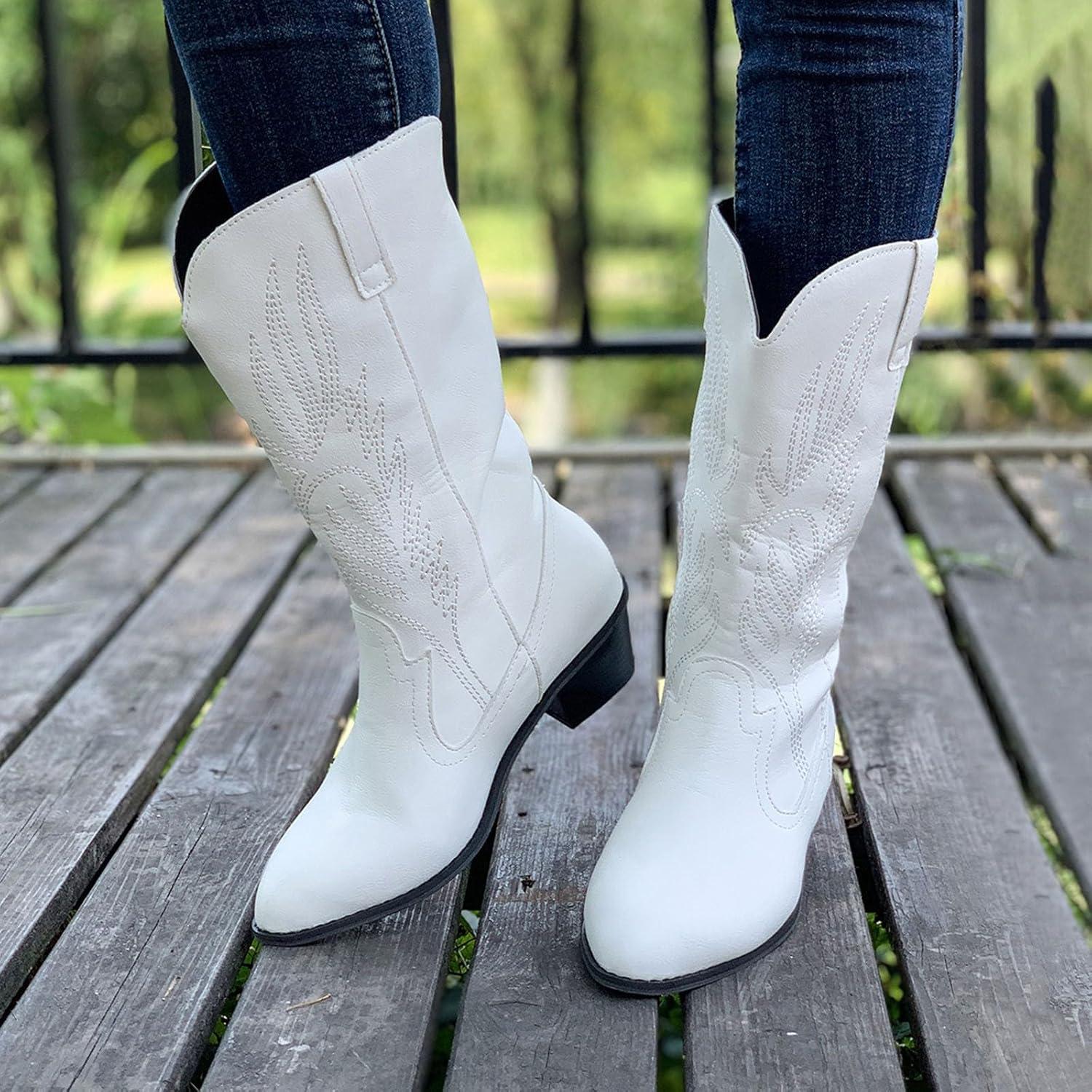 image:imageGenerisch Bottes de cowboy en cuir pour femme Bottes western brodes mimollets Chaussures de cowgirl de haute qualit pour femme avec forme de chaussure normale Bottes la mode miveau BottesBlanc
