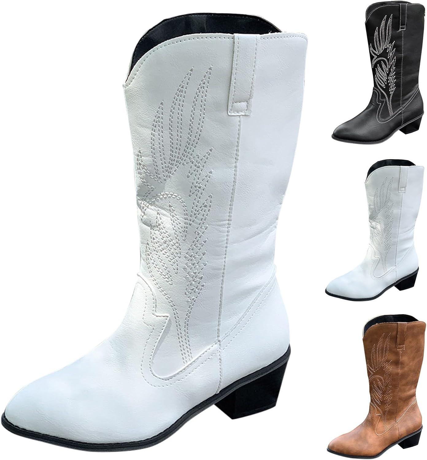image:imageGenerisch Bottes de cowboy en cuir pour femme Bottes western brodes mimollets Chaussures de cowgirl de haute qualit pour femme avec forme de chaussure normale Bottes la mode miveau BottesBlanc