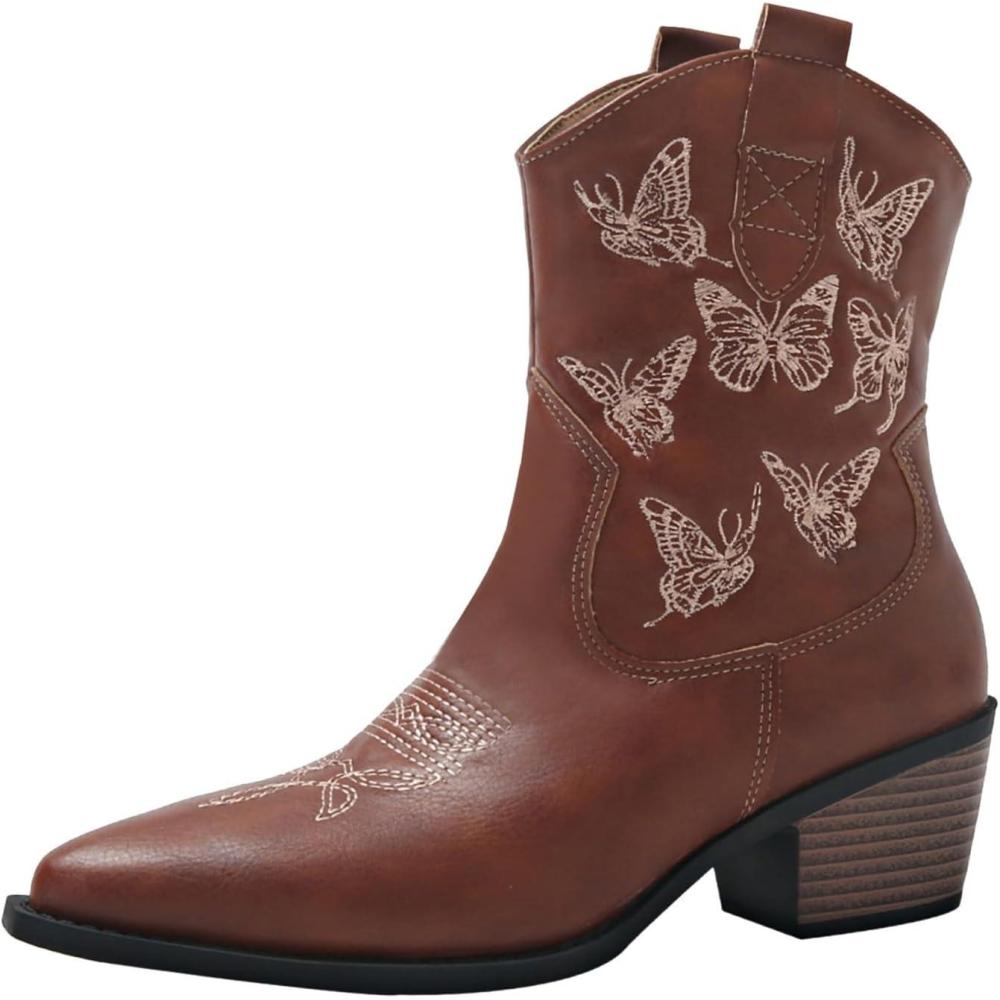 image:imageBoots Bottes Cowboy Santiag Western Femme Cuir Chaussures Dcontract Fashion Bottes Femme Haute Cuir Chauds Et Confortables Chaussures Grande Taille Boots Talon LargeBrown