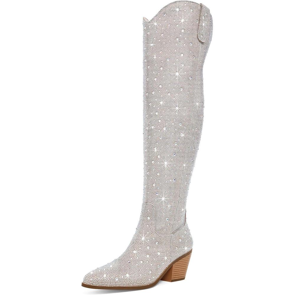 image:imageBottes de cowboy audessus du genou avec strass pour femme bottes de cowgirl scintillantes scintillantes bottes de cuisses occidentales fermetures clair latrales talon pais boutBeige