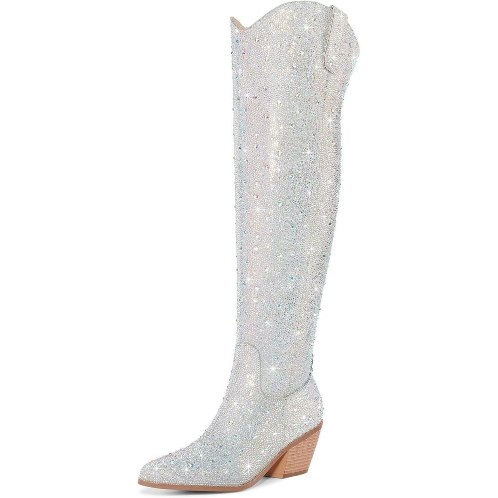 image:imageBottes de cowboy audessus du genou avec strass pour femme bottes de cowgirl scintillantes scintillantes bottes de cuisses occidentales fermetures clair latrales talon pais boutStrass