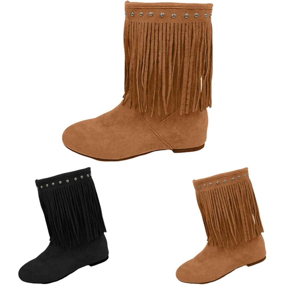 image:imageBottes de cowboy avec franges Bottes mdivales mihautes pour femme Bottines plates enfiler Bottes dhiver chaudes en daim Bottes western Bottes de transition