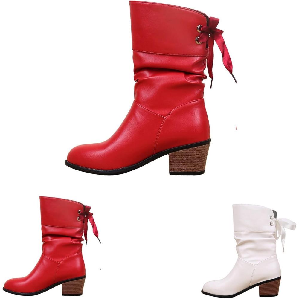 image:imageBottes mimollet larges pour femme tte ronde en cuir talon carr compens Chaussures talon pais Confortables antidrapantes Sangle dcontracte Western CowboyRouge