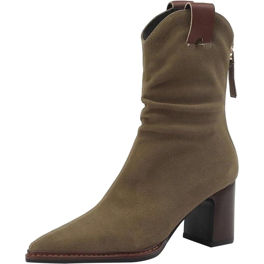 image:imageBottines de cowboy talons hauts pour femme Bottes mihautes plisses pour femme Chaussures enfiler classiques en daim western Antidrapantes Bottes de cowboy confortablesKaki