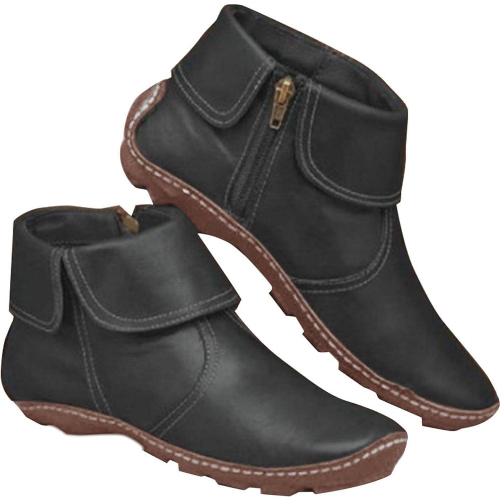 image:imageBottines en cuir pour femme Marron Style mdival Vintage Avec fermeture clair Chaussures dextrieur confortables Petit talon Bottes de cowboy Bottines dquitationNoir
