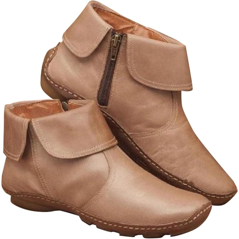 image:imageBottines en cuir pour femme Marron Style mdival Vintage Avec fermeture clair Chaussures dextrieur confortables Petit talon Bottes de cowboy Bottines dquitationBeige