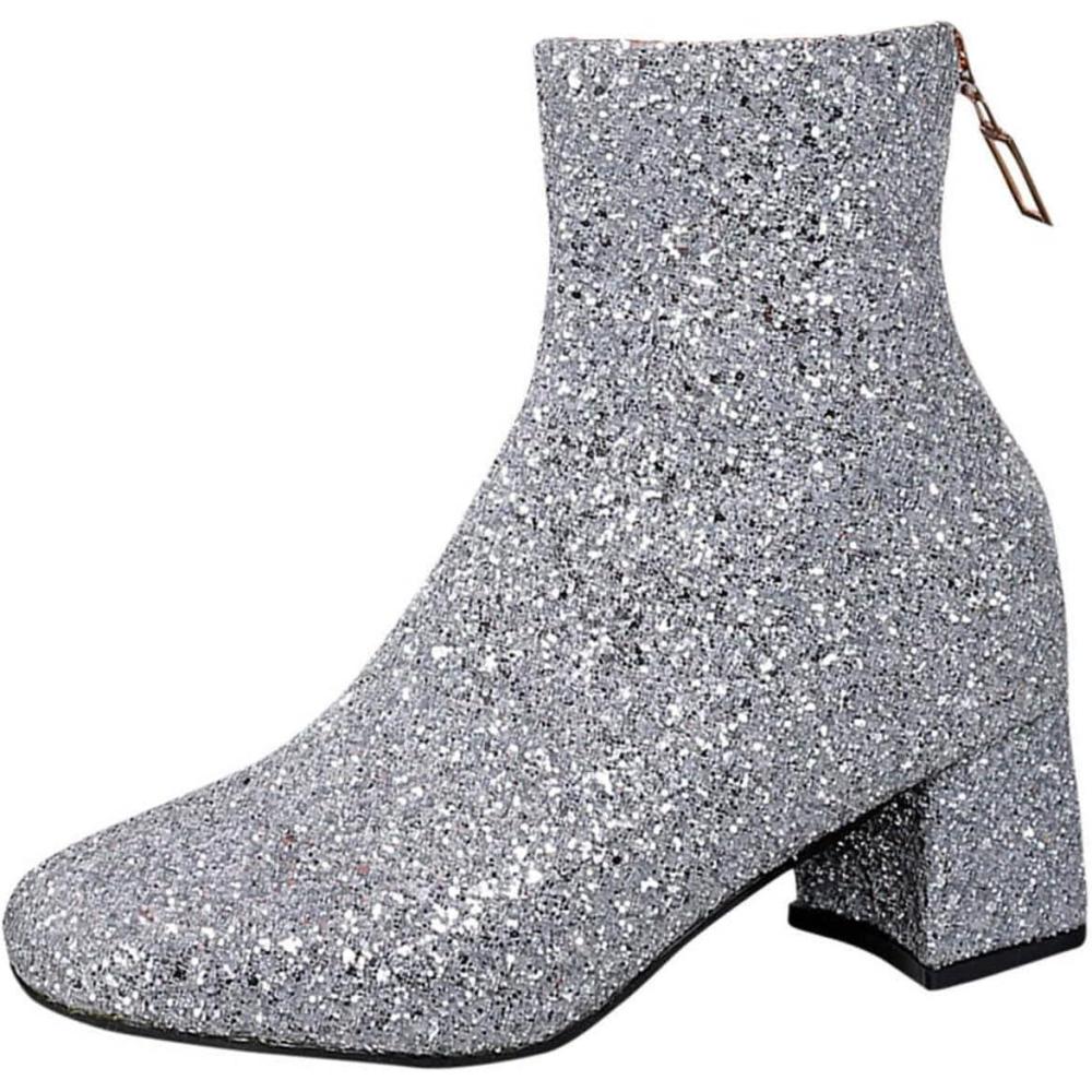 image:imageBottines impermables et confortables talon pais pour femme Avec strass lgantes enfiler paillettes Bottes western Bottes western Pour extrieur fte mariageArgent