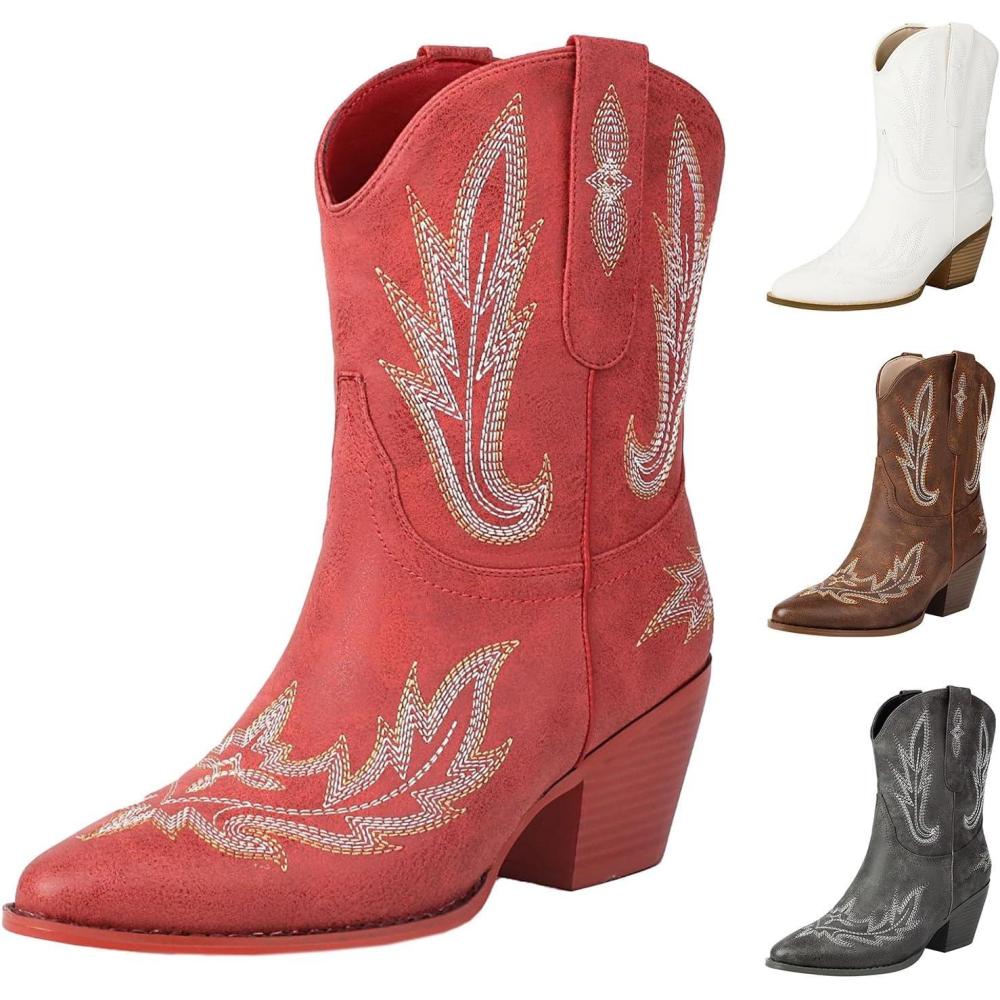 image:imageBottines pour femme Talon en cuir Bottes de cowboy pour femme Tige large Bottes western Bottes western vintage avec broderie Bottes mihautes antidrapantes en cuir synthtiqueRouge