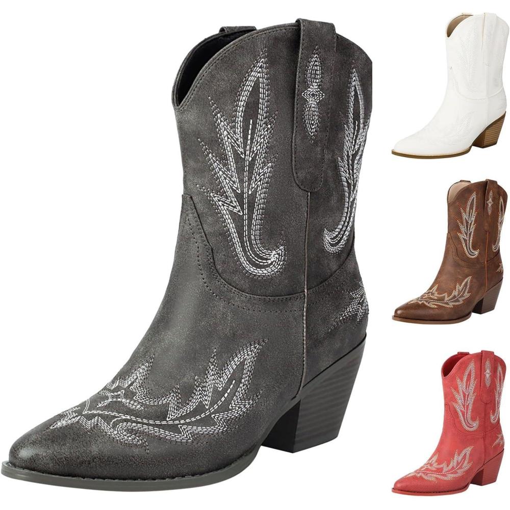 image:imageBottines pour femme Talon en cuir Bottes de cowboy pour femme Tige large Bottes western Bottes western vintage avec broderie Bottes mihautes antidrapantes en cuir synthtiqueGris