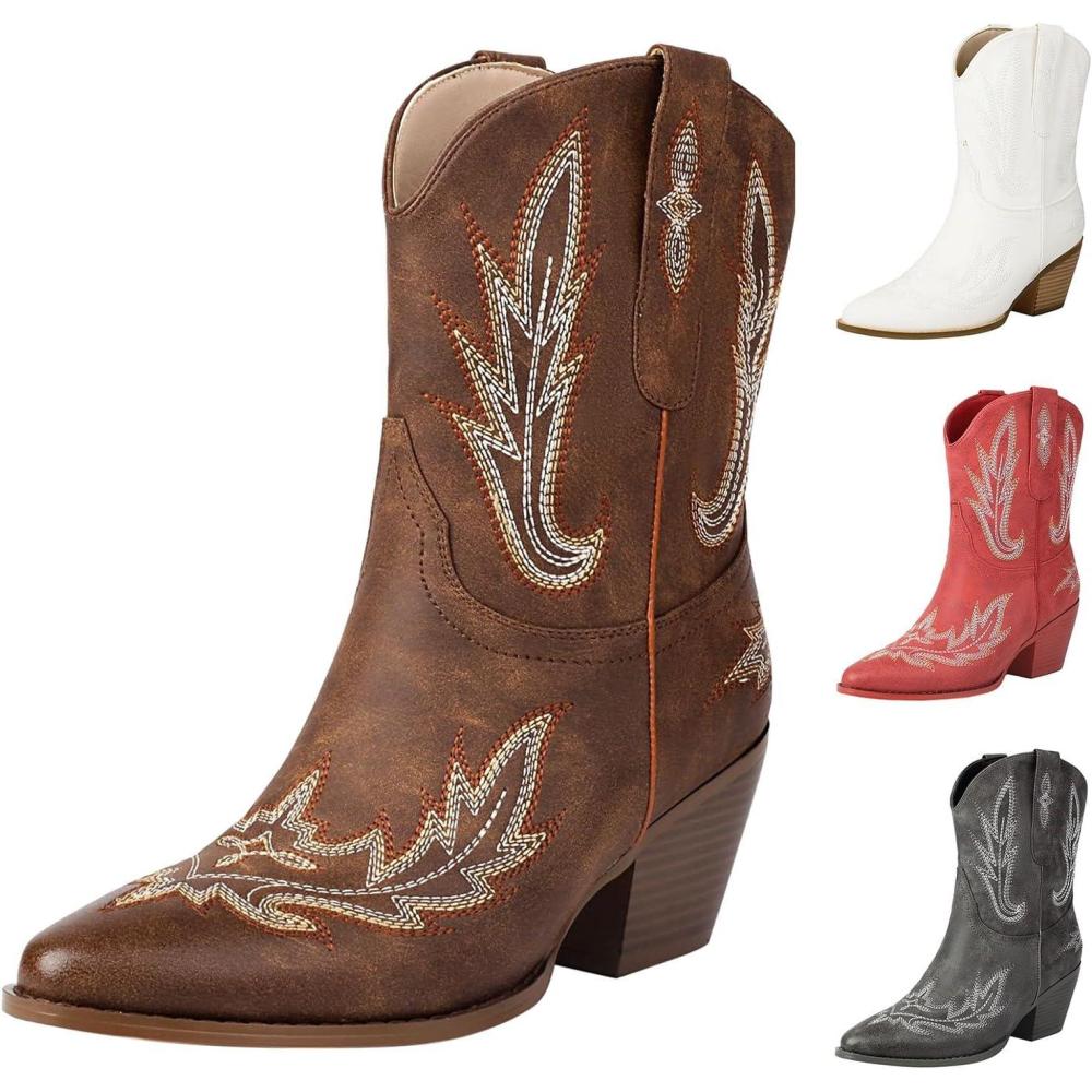 image:imageBottines pour femme Talon en cuir Bottes de cowboy pour femme Tige large Bottes western Bottes western vintage avec broderie Bottes mihautes antidrapantes en cuir synthtiqueMarron