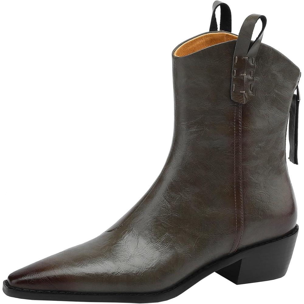 image:imageCUTEHEELS Bottines dhiver en cuir vritable pour femme avec bout pointu et talon pais  Bottes de cowboy western avec fermeture clair  larrireGris