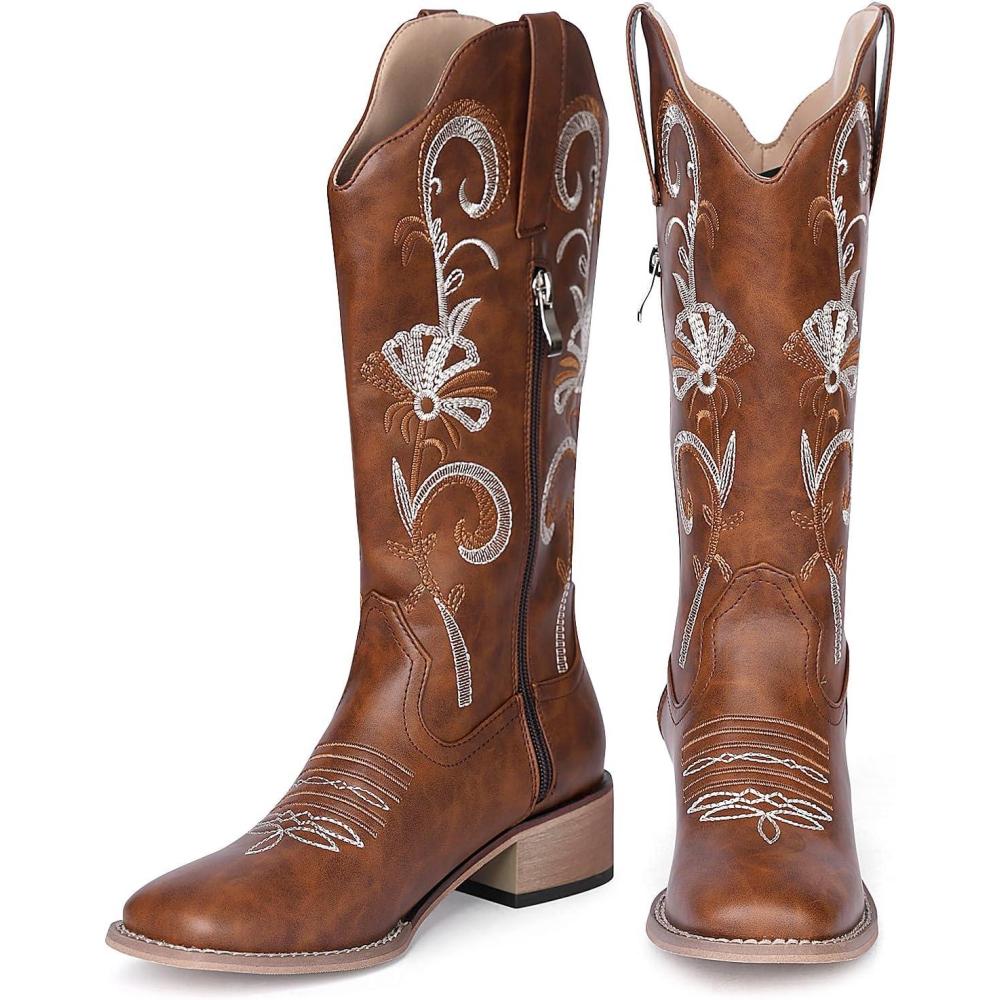 image:imageConfortable Talon Bass Bottes de Cowboy EmbroideRouge for Femmes Enfiler Bottes de Cowgirl Mollet Moyen Tan Bottes Western Mexican BottesMarron