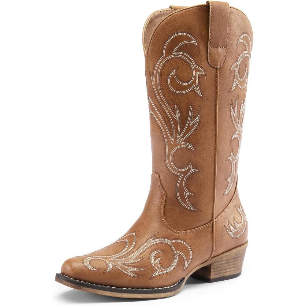image:imageDREAM PAIRS Bottes de cowboy mimollet pour femme Bout carr Talon pais Broderie Bottes western peau 41 EU