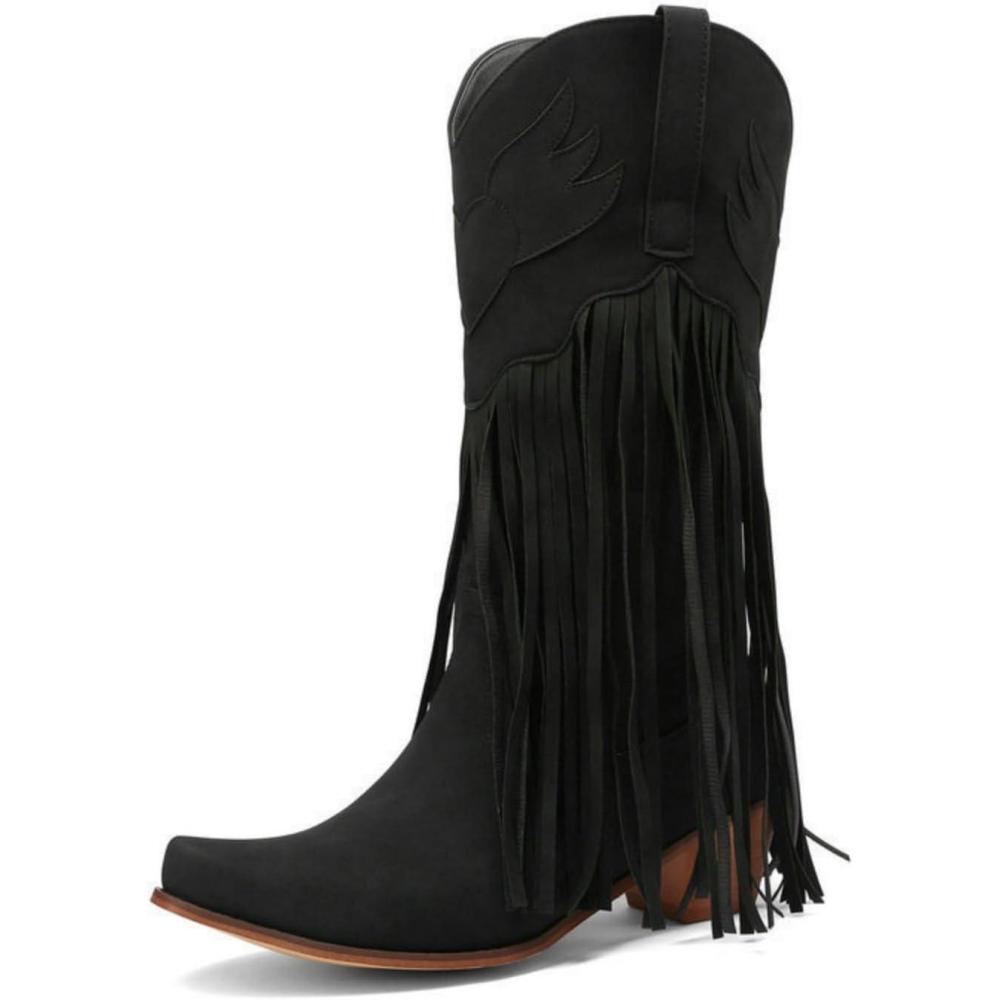 image:imageENEN Santiag Femme Bottes Daim Western Bottes Cowboy Femme Talon Haut MiMollet Chaussures Dcontractes La Mode Pompons Boots Santiag Cowboy femmes Basse Boucle Taille 3445Noir