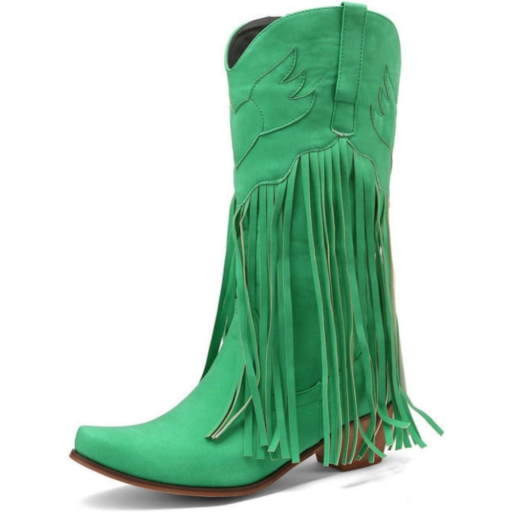 image:imageENEN Santiag Femme Bottes Daim Western Bottes Cowboy Femme Talon Haut MiMollet Chaussures Dcontractes La Mode Pompons Boots Santiag Cowboy femmes Basse Boucle Taille 3445Vert