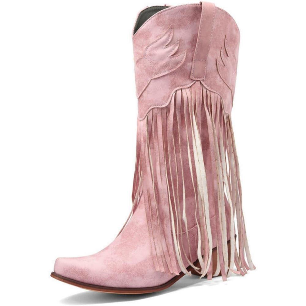 image:imageENEN Santiag Femme Bottes Daim Western Bottes Cowboy Femme Talon Haut MiMollet Chaussures Dcontractes La Mode Pompons Boots Santiag Cowboy femmes Basse Boucle Taille 3445Rose