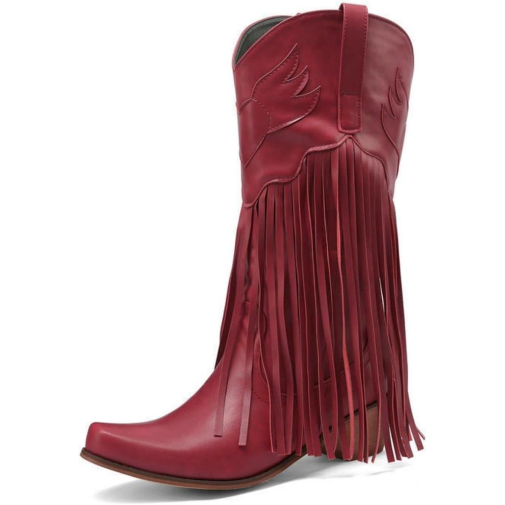 image:imageENEN Santiag Femme Bottes Daim Western Bottes Cowboy Femme Talon Haut MiMollet Chaussures Dcontractes La Mode Pompons Boots Santiag Cowboy femmes Basse Boucle Taille 3445Bordeaux