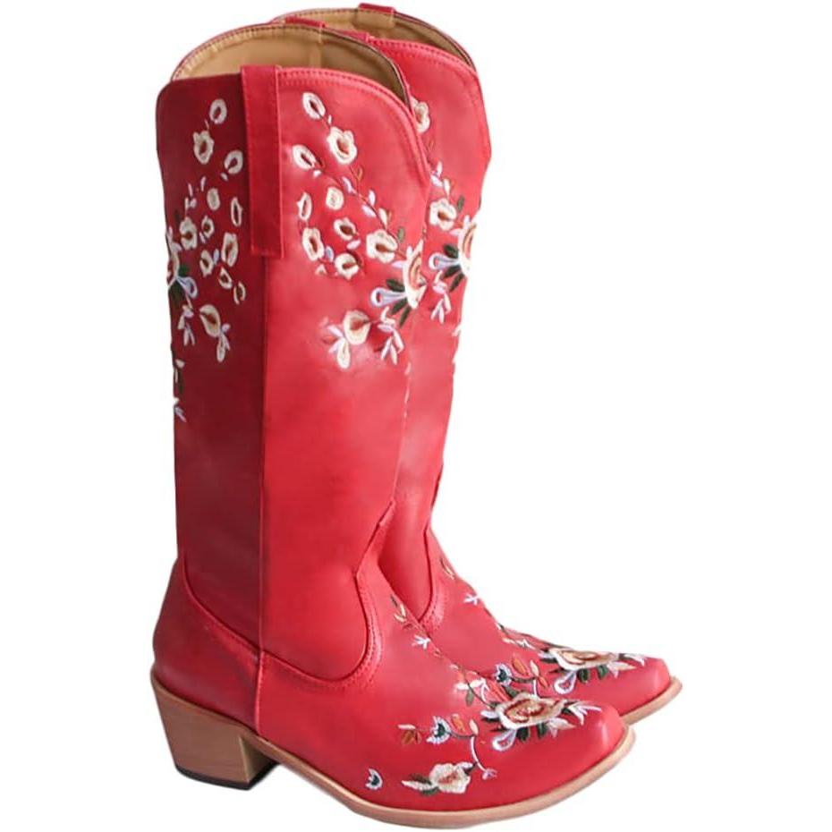 image:imageFemale Cow Boy Bottes Chevalier Chaussures Bottes Hautes Brodes Bottes De Brodes Vintage Bottines Talons pais Talons Bas Mode ElegantRouge