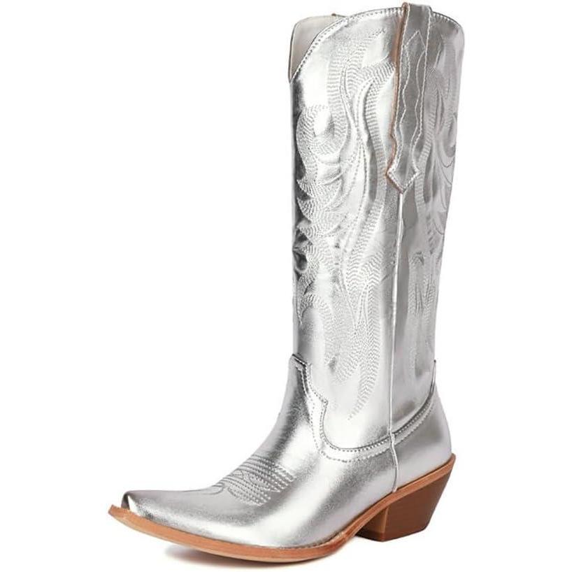image:imageFemmes Bottes De Cowboy Western Bout Carr Talon Moyen Bottes MiMollet LargesSilver Argent