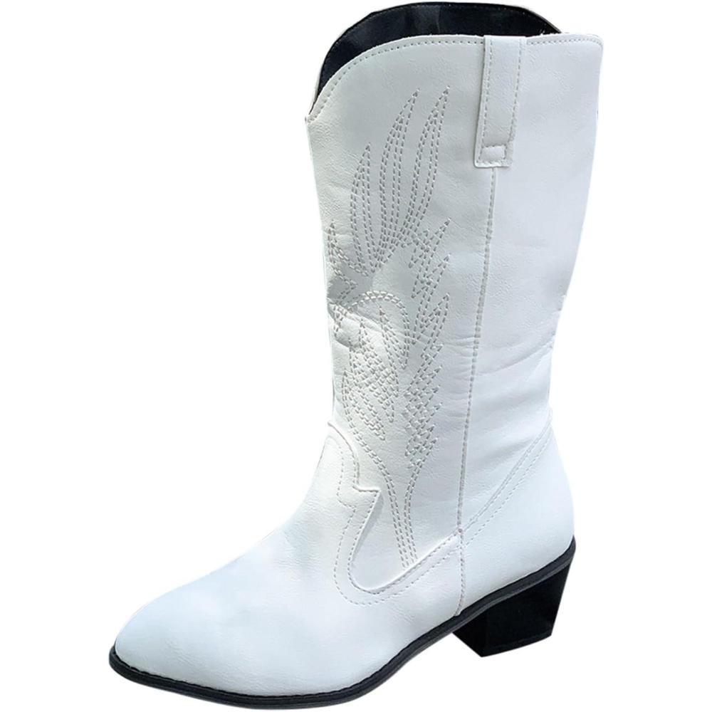 image:imageGenerisch Bottes de cowboy en cuir pour femme Bottes western brodes mimollets Chaussures de cowgirl de haute qualit pour femme avec forme de chaussure normale Bottes la mode miveau BottesBlanc