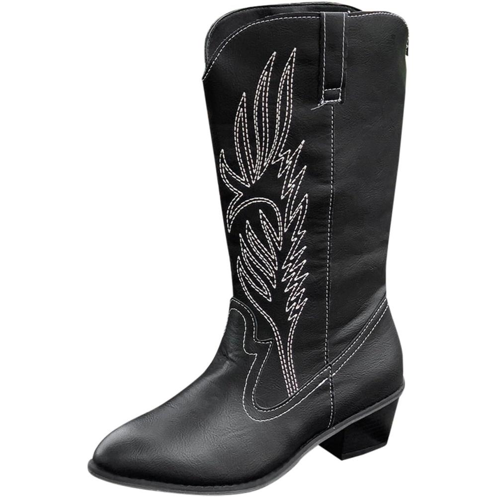 image:imageGenerisch Bottes de cowboy en cuir pour femme Bottes western brodes mimollets Chaussures de cowgirl de haute qualit pour femme avec forme de chaussure normale Bottes la mode miveau BottesNoir