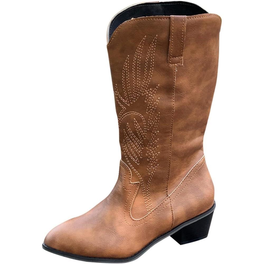 image:imageGenerisch Bottes de cowboy en cuir pour femme Bottes western brodes mimollets Chaussures de cowgirl de haute qualit pour femme avec forme de chaussure normale Bottes la mode miveau BottesMarron