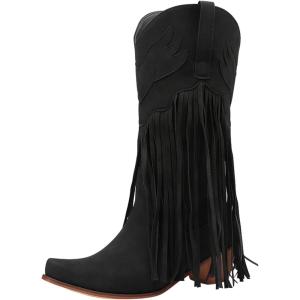 2025 Bottines pour femme – Confortables – À enfiler – Talon épais – Bout pointu – Bottes à franges – Bottes western hautes – Bottes moyennes(Noir)