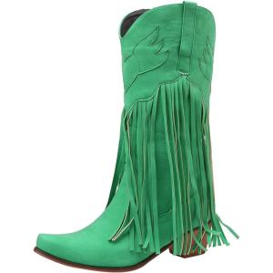 2025 Bottines pour femme – Confortables – À enfiler – Talon épais – Bout pointu – Bottes à franges – Bottes western hautes – Bottes moyennes(Vert)