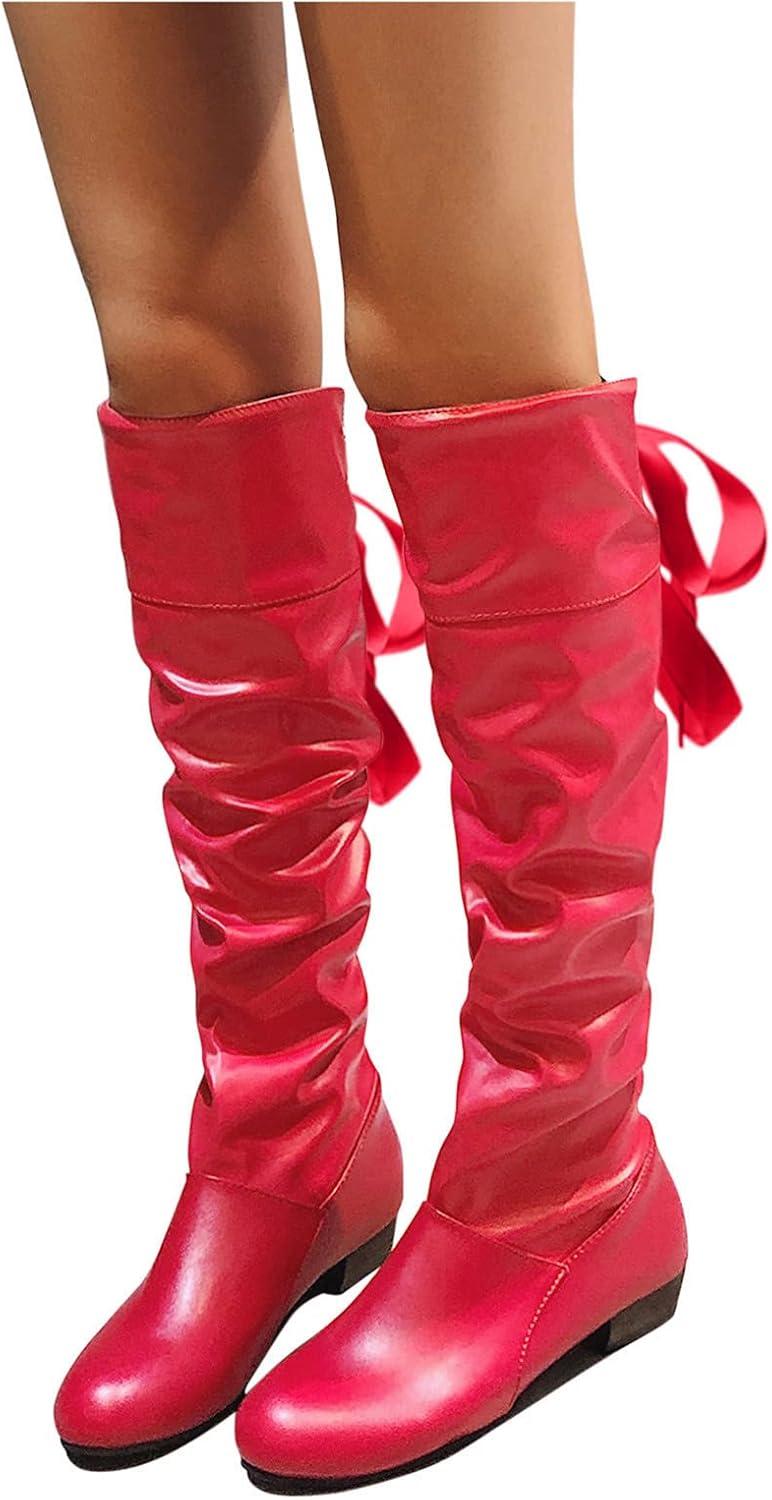 image:imageBottes hautes en cuir pour femme Bottes plates antidrapantes avec nud larrire Bottes de loisirs tendance et dcontractes pour femme Bottes dhiver confortablesRouge