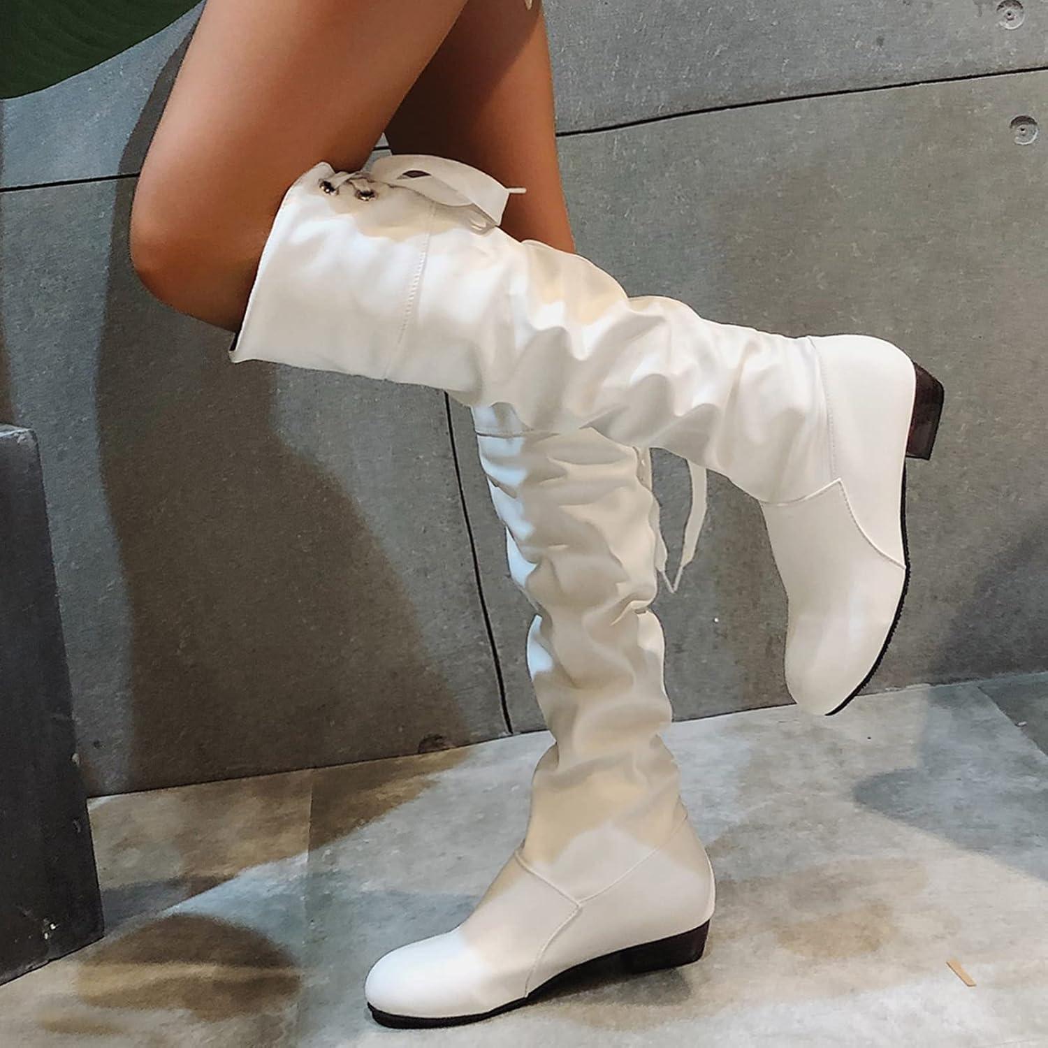 image:imageBottes hautes en cuir pour femme Bottes plates antidrapantes avec nud larrire Bottes de loisirs tendance et dcontractes pour femme Bottes dhiver confortablesBlanc