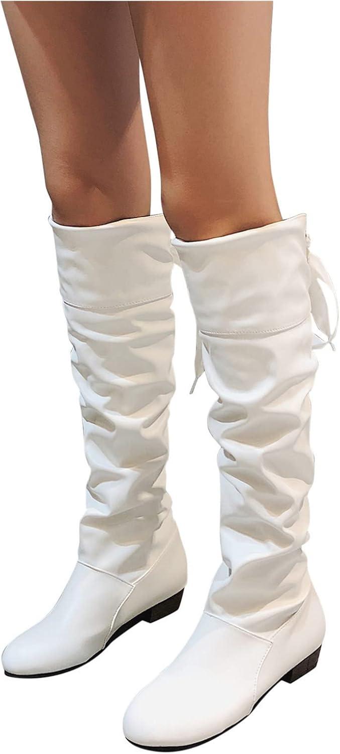 image:imageBottes hautes en cuir pour femme Bottes plates antidrapantes avec nud larrire Bottes de loisirs tendance et dcontractes pour femme Bottes dhiver confortablesBlanc