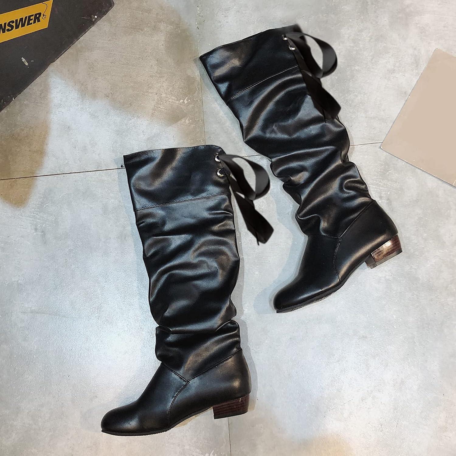 image:imageBottes hautes en cuir pour femme Bottes plates antidrapantes avec nud larrire Bottes de loisirs tendance et dcontractes pour femme Bottes dhiver confortablesNoir