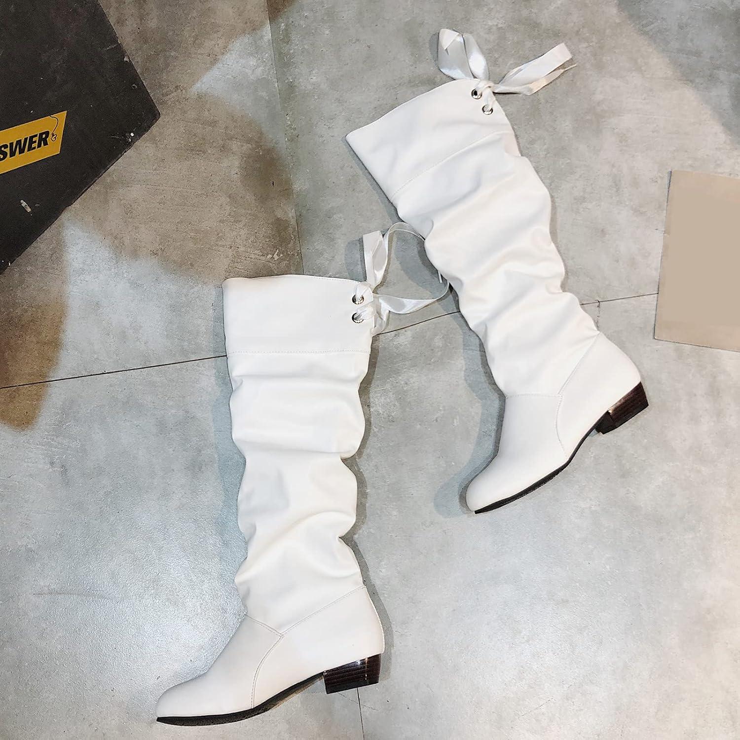 image:imageBottes hautes en cuir pour femme Bottes plates antidrapantes avec nud larrire Bottes de loisirs tendance et dcontractes pour femme Bottes dhiver confortablesBlanc