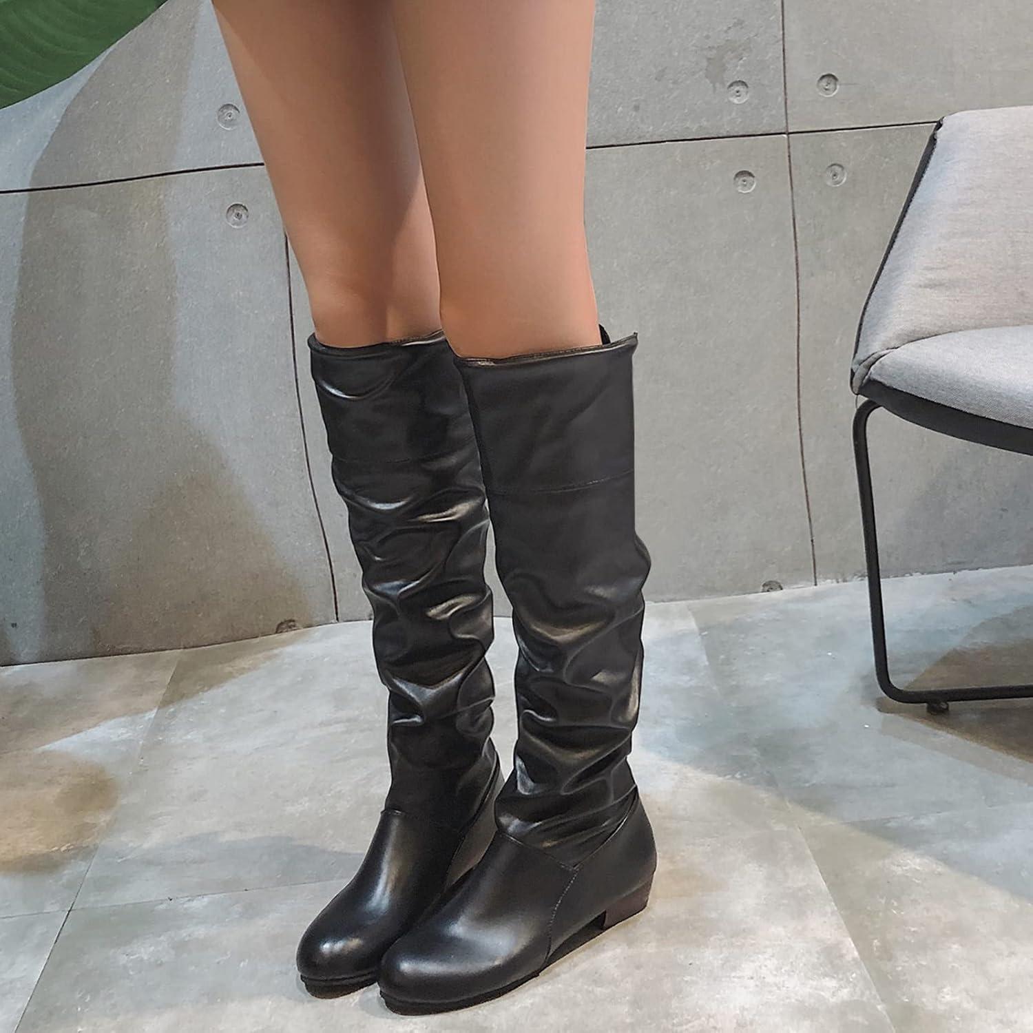 image:imageBottes hautes en cuir pour femme Bottes plates antidrapantes avec nud larrire Bottes de loisirs tendance et dcontractes pour femme Bottes dhiver confortablesNoir