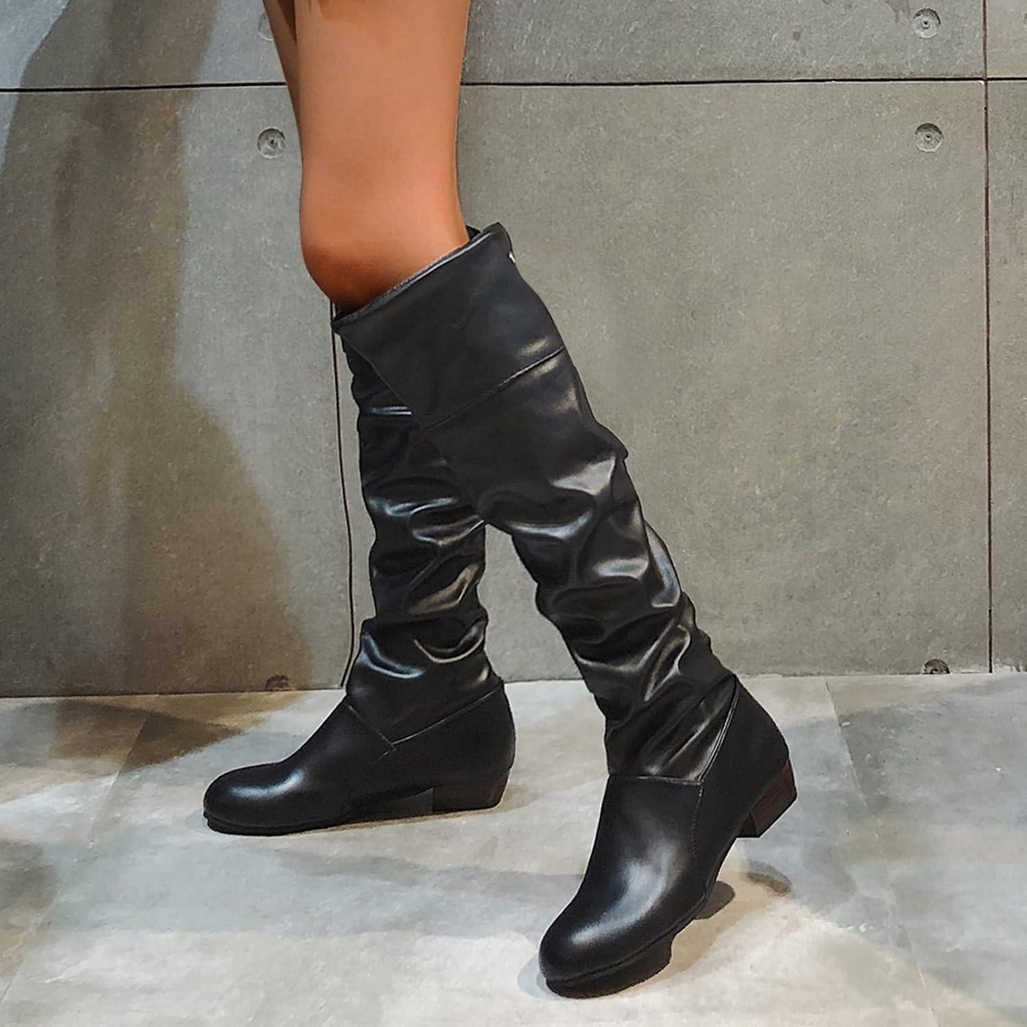 image:imageBottes hautes en cuir pour femme Bottes plates antidrapantes avec nud larrire Bottes de loisirs tendance et dcontractes pour femme Bottes dhiver confortablesNoir